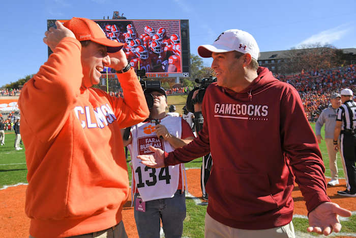 Shane Beamer joking around with Dabo Swinney before the 2022 Palmetto Bowl (26th Nov., 2023)